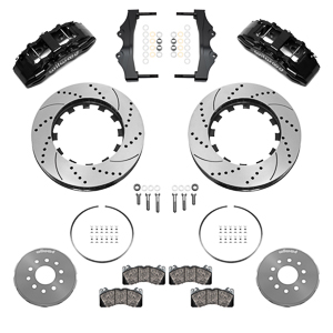 Wilwood SX6R Big Brake Dynamic Front Brake Kit Parts Laid Out - Black Powder Coat Caliper - SRP Drilled & Slotted Rotor