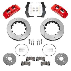 Wilwood SX6R Big Brake Dynamic Front Brake Kit Parts Laid Out - Red Powder Coat Caliper - GT Slotted Rotor