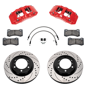 Wilwood AERO6-DM Direct-Mount Truck Front Brake Kit Parts Laid Out - Red Powder Coat Caliper - SRP Drilled & Slotted Rotor