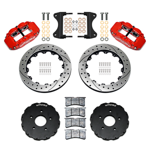 Wilwood Forged Narrow Superlite 6R Big Brake Front Brake Kit (Hat) Parts Laid Out - Red Powder Coat Caliper - SRP Drilled & Slotted Rotor