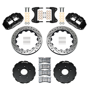 Wilwood Forged Narrow Superlite 6R Big Brake Front Brake Kit (Hat) Parts Laid Out - Black Powder Coat Caliper - SRP Drilled & Slotted Rotor