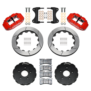 Wilwood Forged Narrow Superlite 6R Big Brake Front Brake Kit (Hat) Parts Laid Out - Red Powder Coat Caliper - GT Slotted Rotor