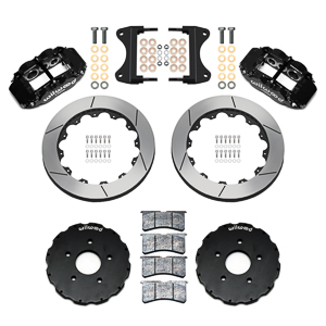 Wilwood Forged Narrow Superlite 6R Big Brake Front Brake Kit (Hat) Parts Laid Out - Black Powder Coat Caliper - GT Slotted Rotor