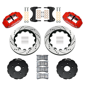 Wilwood Forged Narrow Superlite 6R Big Brake Front Brake Kit (Hat) Parts Laid Out - Red Powder Coat Caliper - SRP Drilled & Slotted Rotor