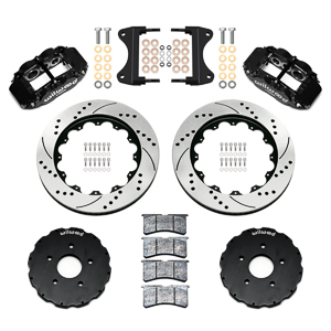 Wilwood Forged Narrow Superlite 6R Big Brake Front Brake Kit (Hat) Parts Laid Out - Black Powder Coat Caliper - SRP Drilled & Slotted Rotor
