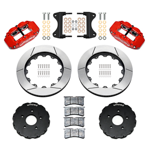 Wilwood Forged Narrow Superlite 6R Big Brake Front Brake Kit (Hat) Parts Laid Out - Red Powder Coat Caliper - GT Slotted Rotor