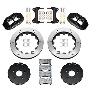 Wilwood Forged Narrow Superlite 6R Big Brake Front Brake Kit (Hat) Parts Laid Out - Black Powder Coat Caliper - GT Slotted Rotor