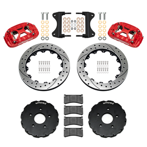 Wilwood Forged XRS6R Big Brake Front Brake Kit (Hat) Parts Laid Out - Red Powder Coat Caliper - SRP Drilled & Slotted Rotor