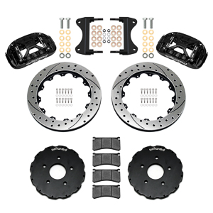 Wilwood Forged XRS6R Big Brake Front Brake Kit (Hat) Parts Laid Out - Black Powder Coat Caliper - SRP Drilled & Slotted Rotor