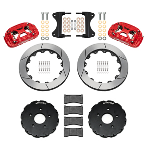Wilwood Forged XRS6R Big Brake Front Brake Kit (Hat) Parts Laid Out - Red Powder Coat Caliper - GT Slotted Rotor