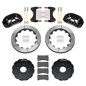 Wilwood Forged XRS6R Big Brake Front Brake Kit (Hat) Parts Laid Out - Black Powder Coat Caliper - GT Slotted Rotor