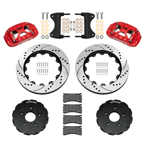 Wilwood Forged XRS6R Big Brake Front Brake Kit (Hat) Parts Laid Out - Red Powder Coat Caliper - SRP Drilled & Slotted Rotor