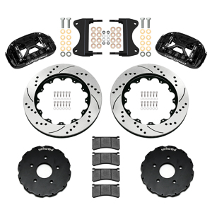 Wilwood Forged XRS6R Big Brake Front Brake Kit (Hat) Parts Laid Out - Black Powder Coat Caliper - SRP Drilled & Slotted Rotor