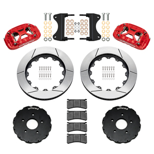 Wilwood Forged XRS6R Big Brake Front Brake Kit (Hat) Parts Laid Out - Red Powder Coat Caliper - GT Slotted Rotor