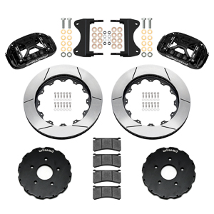 Wilwood Forged XRS6R Big Brake Front Brake Kit (Hat) Parts Laid Out - Black Powder Coat Caliper - GT Slotted Rotor