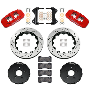 Wilwood AERO6 Big Brake Front Brake Kit Parts Laid Out - Red Powder Coat Caliper - SRP Drilled & Slotted Rotor