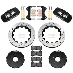 Wilwood AERO6 Big Brake Front Brake Kit Parts Laid Out - Black Powder Coat Caliper - SRP Drilled & Slotted Rotor