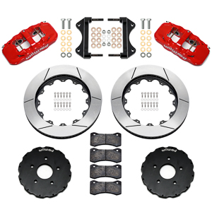 Wilwood AERO6 Big Brake Front Brake Kit Parts Laid Out - Red Powder Coat Caliper - GT Slotted Rotor