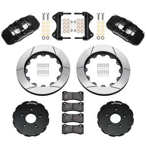 Wilwood AERO6 Big Brake Front Brake Kit Parts Laid Out - Black Powder Coat Caliper - GT Slotted Rotor