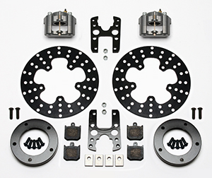 Wilwood Dynalite Single Floater Front Drag Brake Kit Parts Laid Out - Type III Anodize Caliper - Drilled Rotor