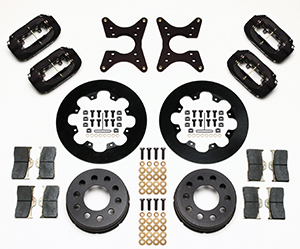 Wilwood Forged Dynalite Dual Dynamic Rear Drag Brake Kit Parts Laid Out - Type III Anodize Caliper - Plain Face Rotor