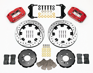 Wilwood Dynapro Radial Big Brake Front Brake Kit (Hat) Parts Laid Out - Red Powder Coat Caliper - SRP Drilled & Slotted Rotor