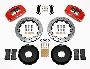 Wilwood Forged Superlite 4 Big Brake Front Brake Kit (Hat) Parts Laid Out - Red Powder Coat Caliper - SRP Drilled & Slotted Rotor