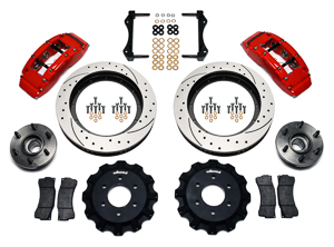Wilwood TC6R Big Brake Truck Front Brake Kit Parts Laid Out - Red Powder Coat Caliper - SRP Drilled & Slotted Rotor