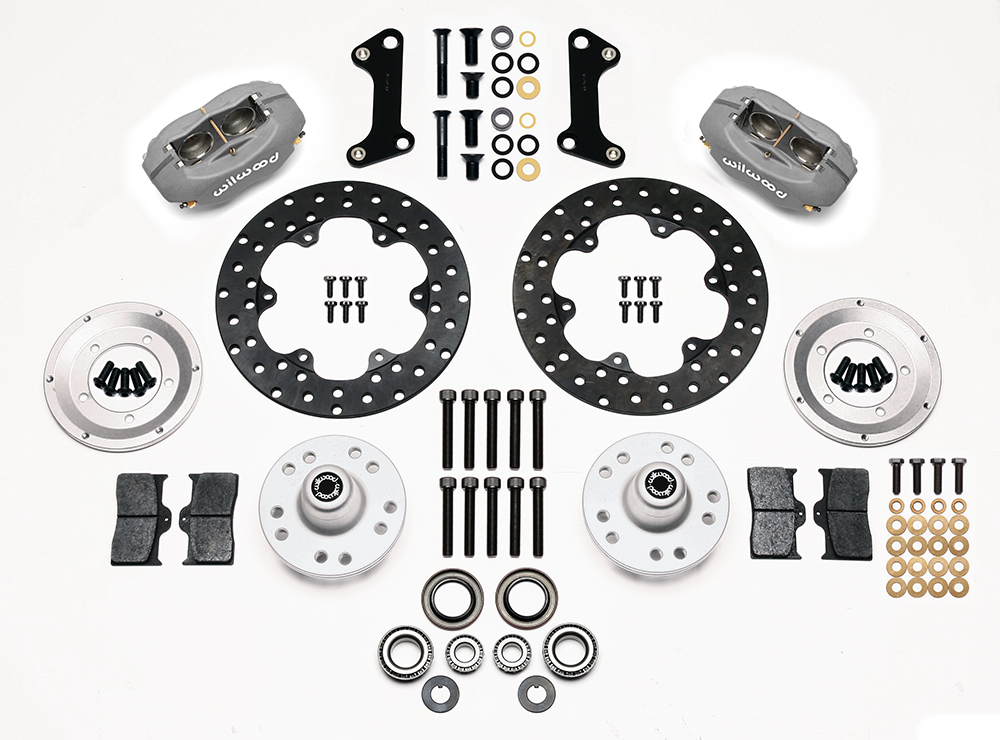 Wilwood Forged Dynalite Front Drag Brake Kit Parts Laid Out - Type III Anodize Caliper - Drilled Rotor