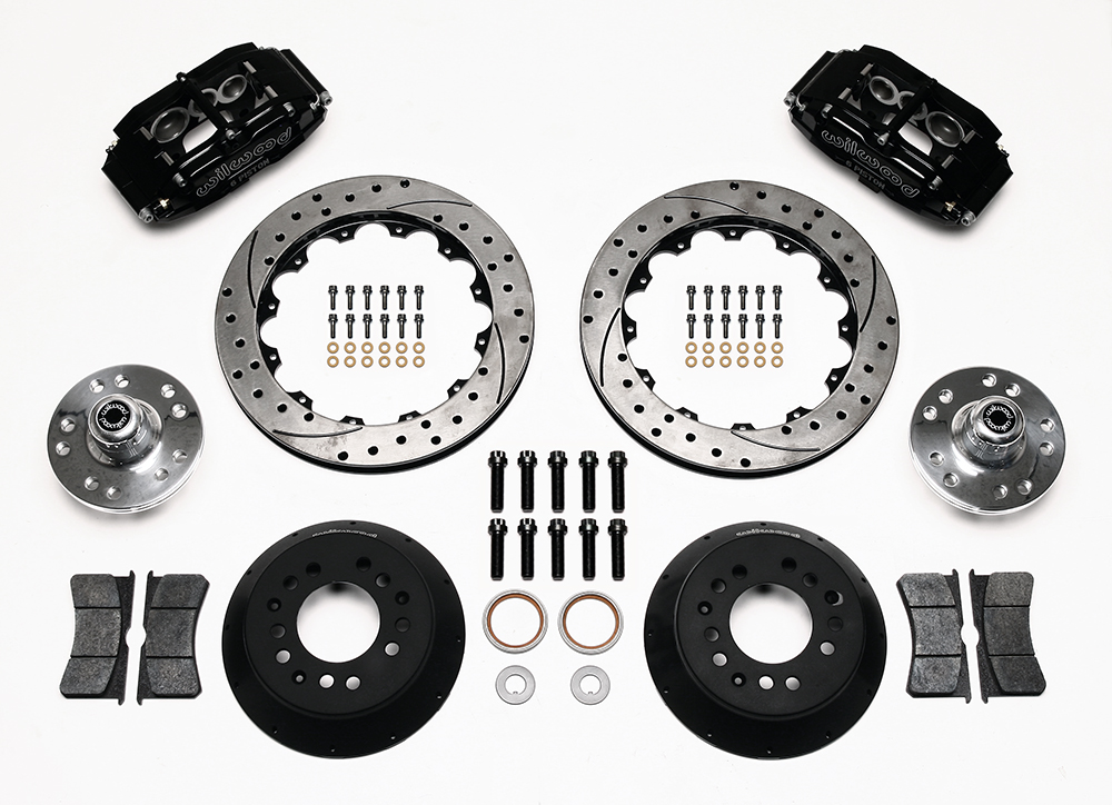 Wilwood Front Hub Kit (12 Bolt Rotor and Hat) Parts Laid Out - Black Powder Coat Caliper - GT Slotted Rotor