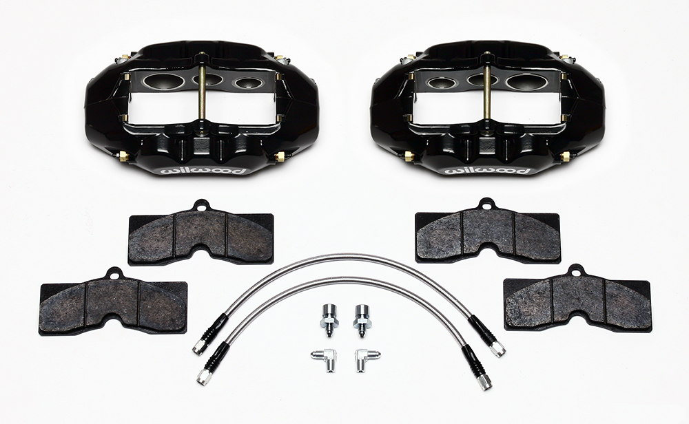Wilwood D8-6 Front Replacement Caliper Kit Parts Laid Out - Black Powder Coat Caliper
