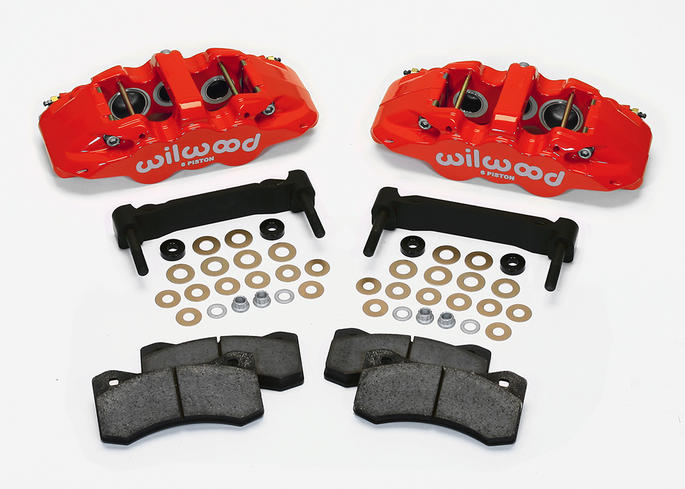 Wilwood AERO6 Front Caliper and Bracket Upgrade Kit for Corvette C5-C6 Parts Laid Out - Red Powder Coat Caliper