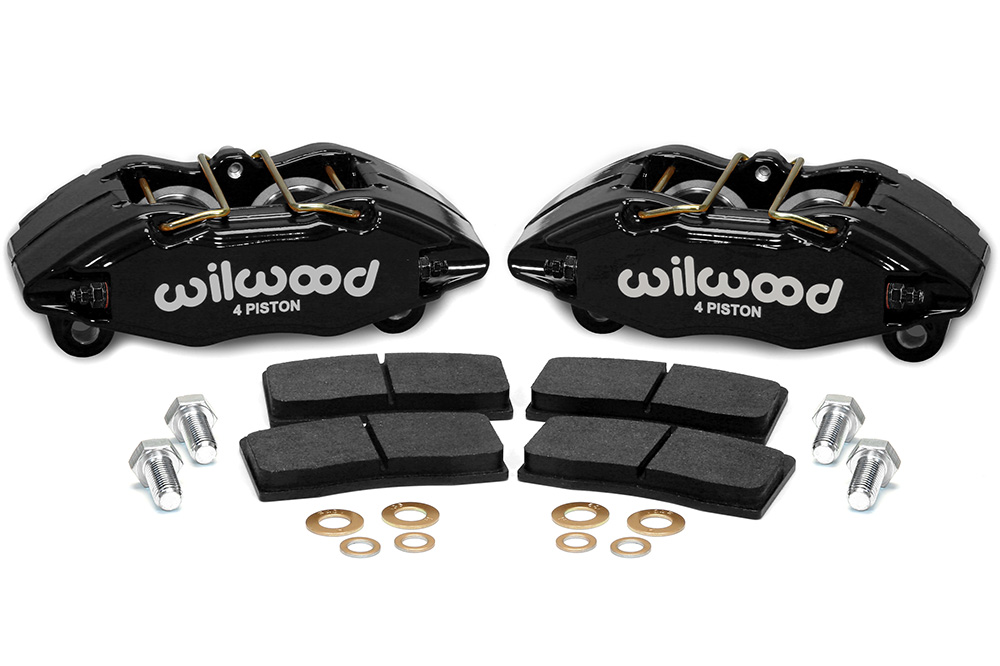 Wilwood Forged DPHA Front Caliper Kit Parts Laid Out - Black Powder Coat Caliper