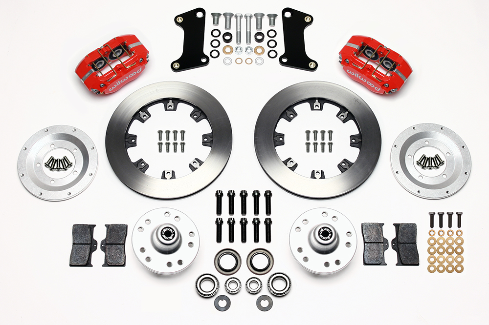 Wilwood Dynapro Dust-Boot Big Brake Front Brake Kit (Hub) Parts Laid Out - Red Powder Coat Caliper - Plain Face Rotor