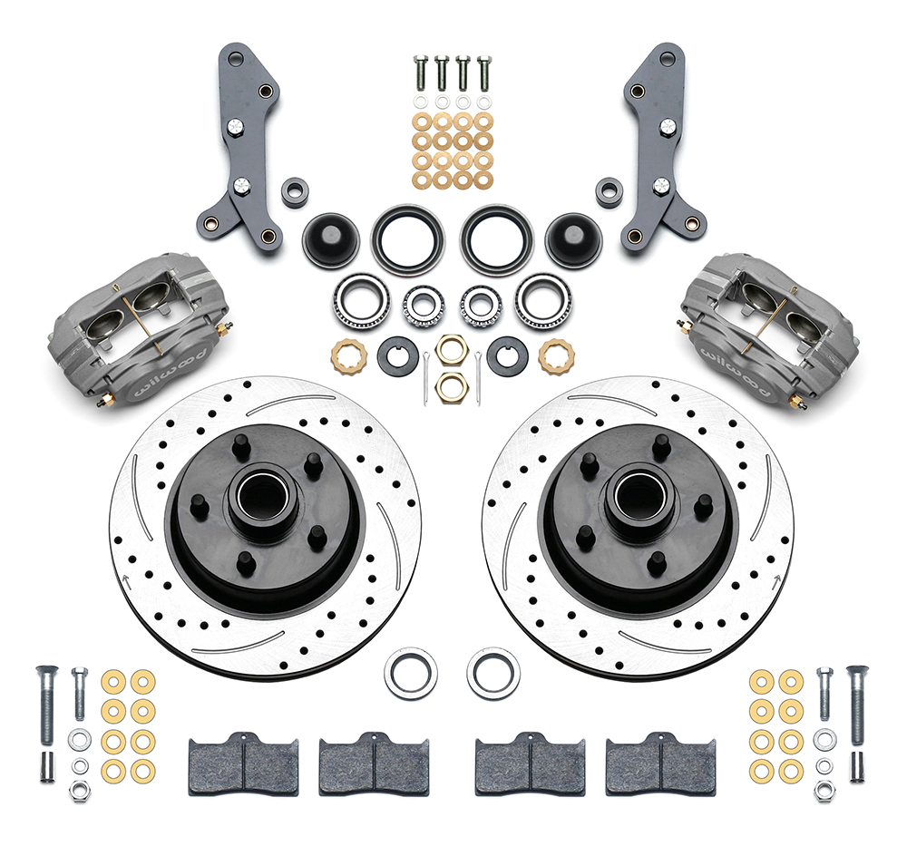 Wilwood Classic Series Dynalite Front Brake Kit Parts Laid Out - Type III Anodize Caliper - SRP Drilled & Slotted Rotor