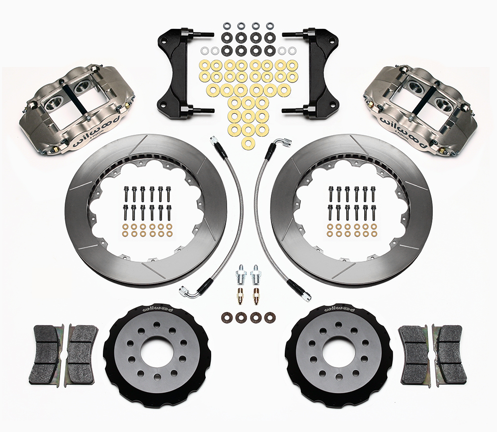 Wilwood Forged Superlite 4R Big Brake Front Brake Kit (Race) Parts Laid Out - Nickel Plate Caliper - GT Slotted Rotor