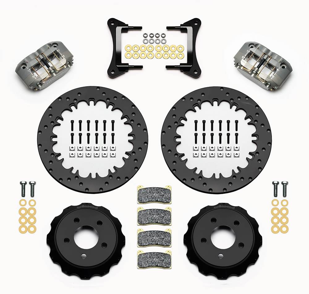 Wilwood Dynapro Radial Front Drag Brake Kit Parts Laid Out - Type III Anodize Caliper - Drilled Rotor