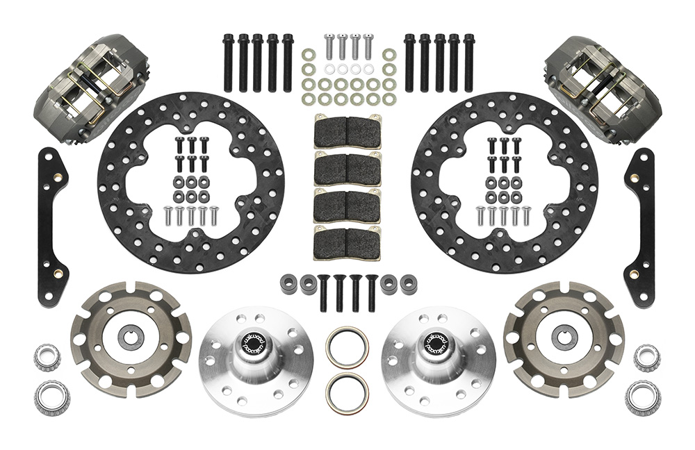 Wilwood Dynapro Lug Mount Front Dynamic Drag Brake Kit Parts Laid Out - Type III Anodize Caliper - Drilled Rotor