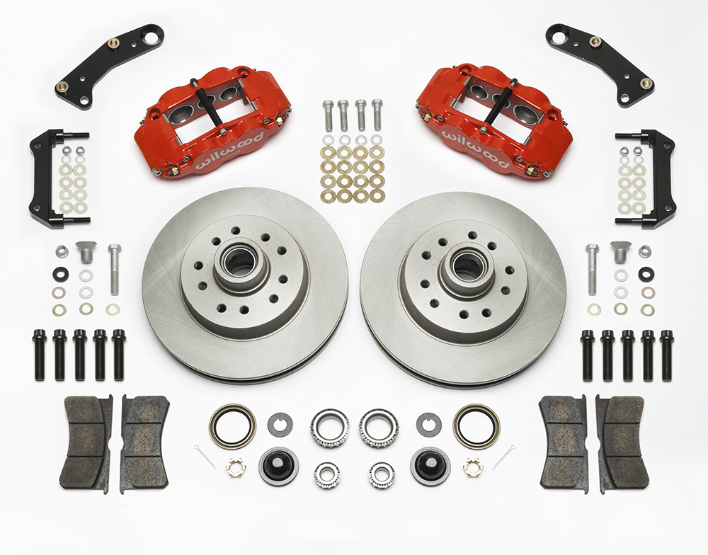 Wilwood Classic Series Forged Narrow Superlite 6R Front Brake Kit Parts Laid Out - Red Powder Coat Caliper - Plain Face Rotor
