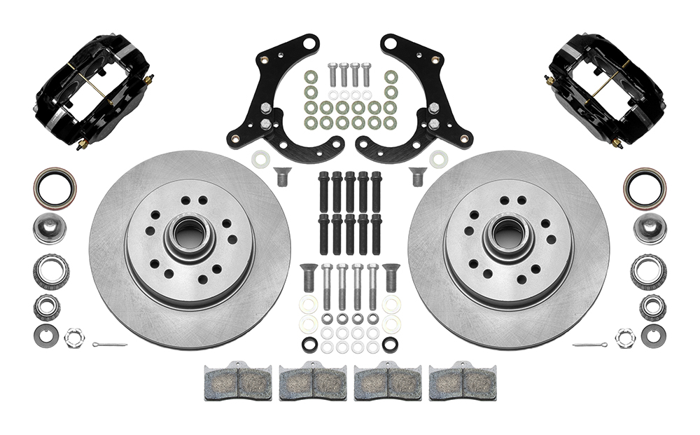 Wilwood Classic Series Dynalite Front Brake Kit Parts Laid Out - Black Powder Coat Caliper - Plain Face Rotor