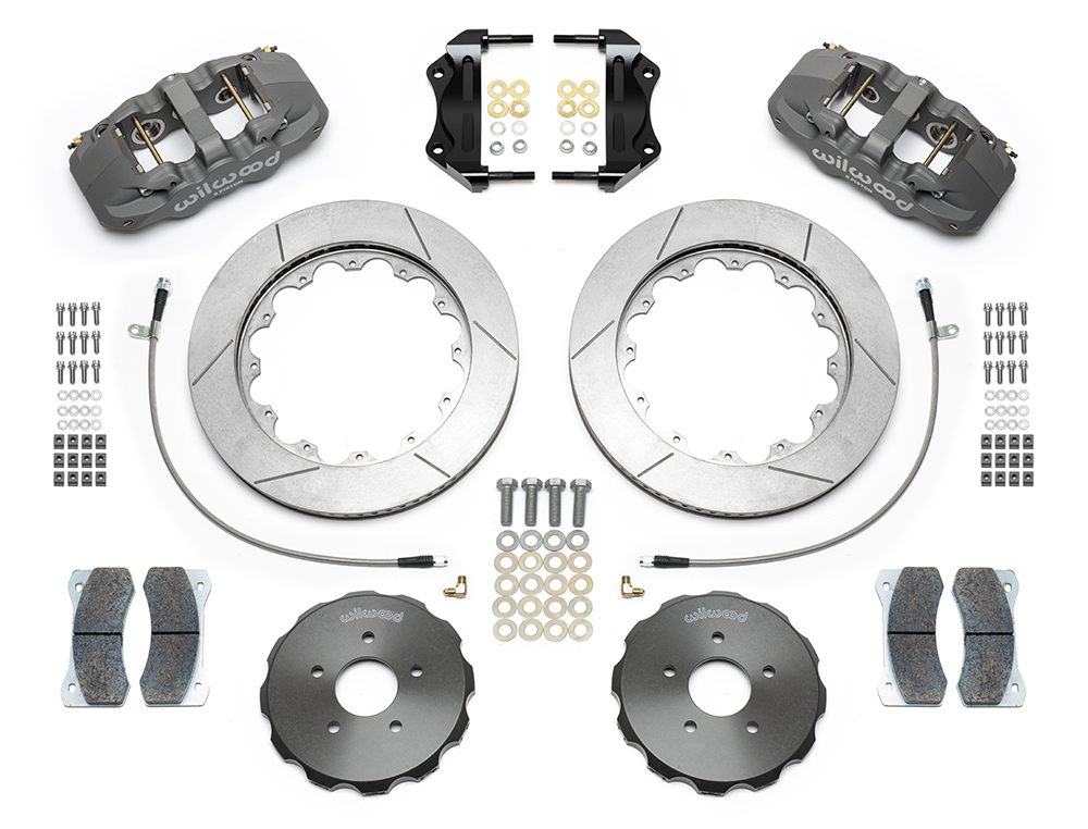 Wilwood AERO6 Big Brake Front Brake Kit (Race) Parts Laid Out - Type III Anodize Caliper - GT Slotted Rotor