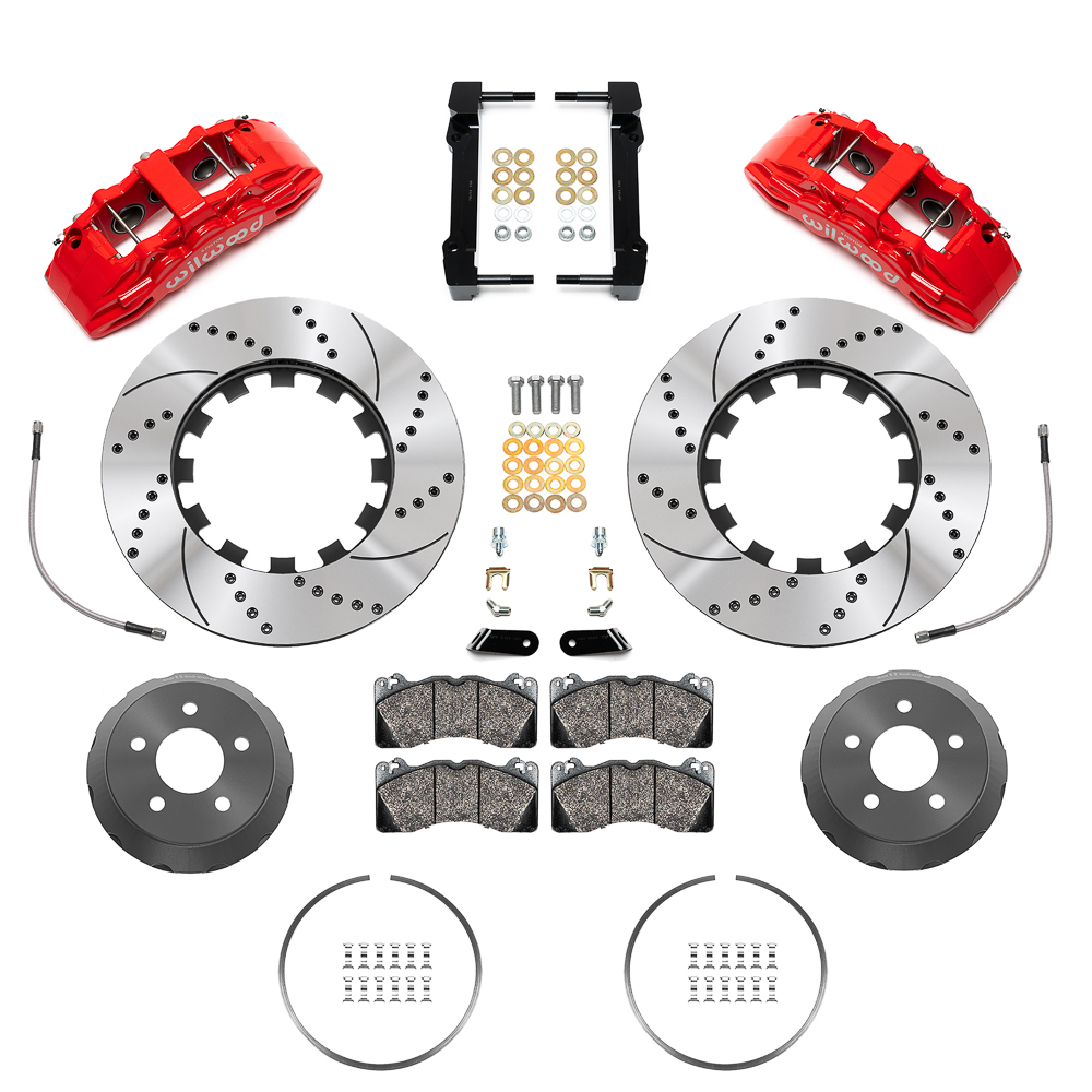 Wilwood SX6R Big Brake Dynamic Front Brake Kit Parts Laid Out - Red Powder Coat Caliper - SRP Drilled & Slotted Rotor