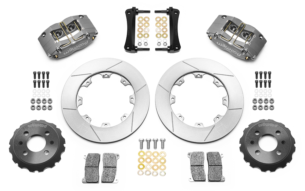 Wilwood Dynapro Radial Big Brake Front Brake Kit (Race) Parts Laid Out - Type III Anodize Caliper - GT Slotted Rotor
