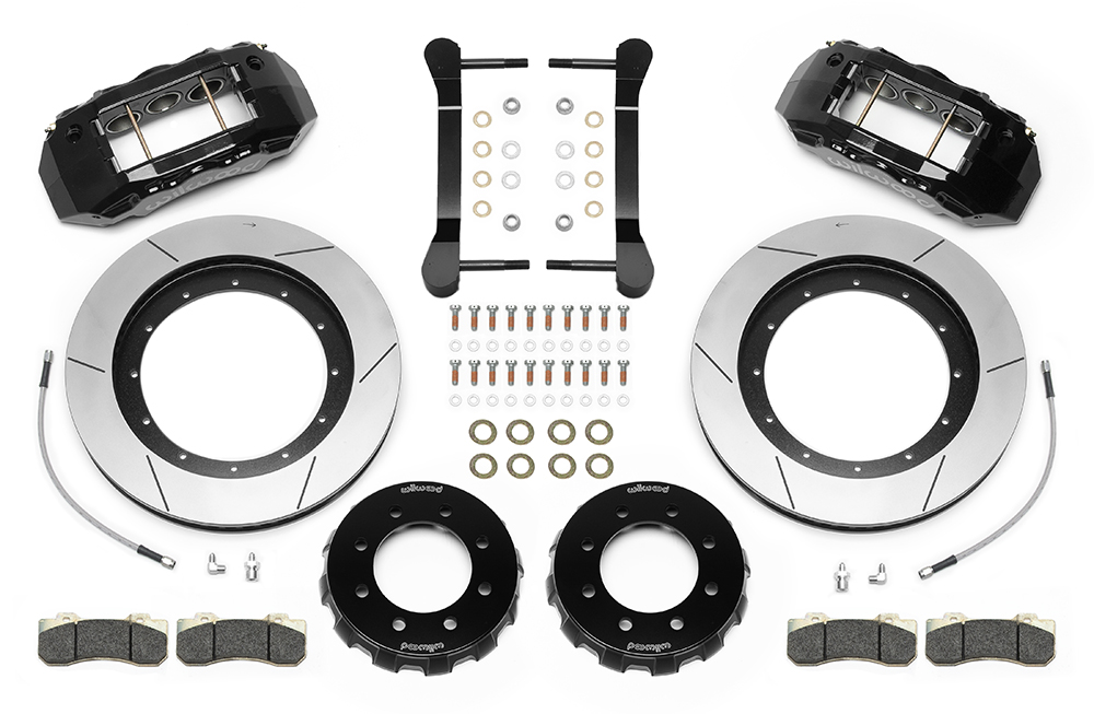 Wilwood TX6R Big Brake Truck Front Brake Kit Parts Laid Out - Black Powder Coat Caliper - GT Slotted Rotor