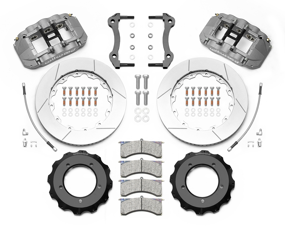 Wilwood AV6R Big Brake Truck Front Brake Kit Parts Laid Out - Type III Anodize Caliper - GT Slotted Rotor
