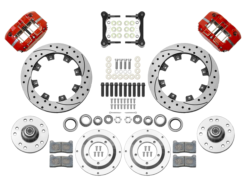 Wilwood Dynapro Radial Big Brake Front Brake Kit (Hub) Parts Laid Out - Red Powder Coat Caliper - SRP Drilled & Slotted Rotor