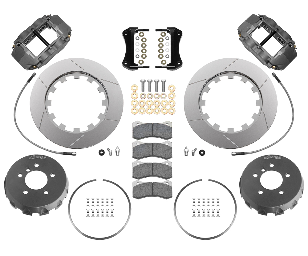 Wilwood AERO6 Big Brake Lug Drive Front Brake Kit (Race) Parts Laid Out - Type III Anodize Caliper - GT Slotted Rotor