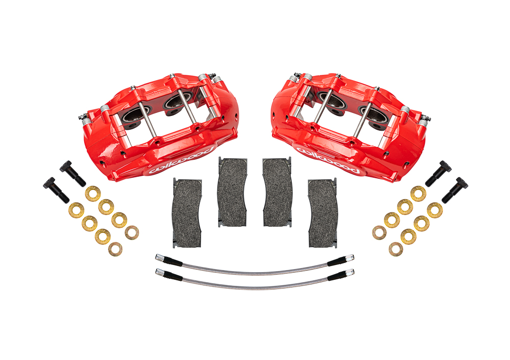 Wilwood D11 Front Replacement Caliper Kit Parts Laid Out - Red Powder Coat Caliper