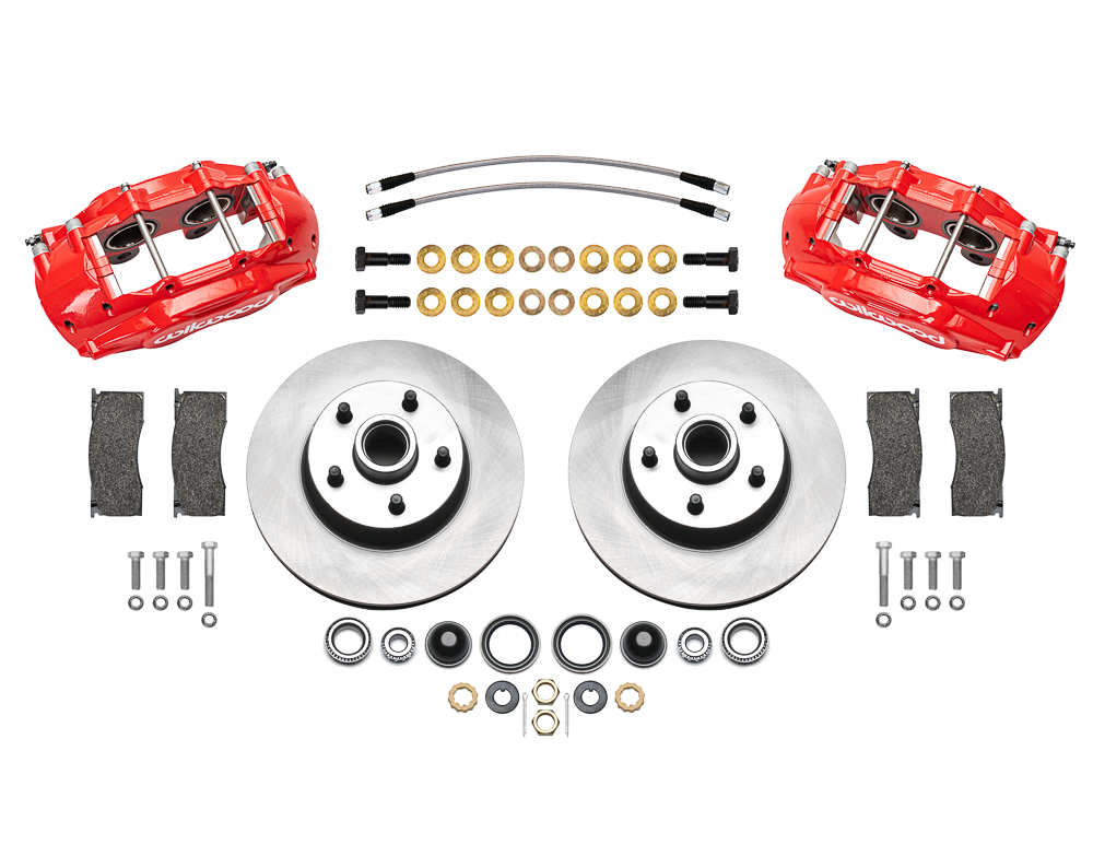 Wilwood Classic Series D11 Caliper Front Brake Kit Parts Laid Out - Red Powder Coat Caliper - Plain Face Rotor