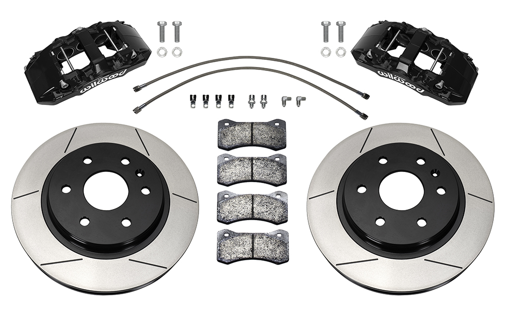 Wilwood AERO6-DM Direct-Mount Truck Front Brake Kit Parts Laid Out - Black Powder Coat Caliper - GT Slotted Rotor